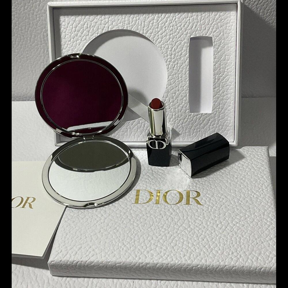 DIOR Set Silver Cannage Double Sided Mirror and Dior lipstick #720 New In Box